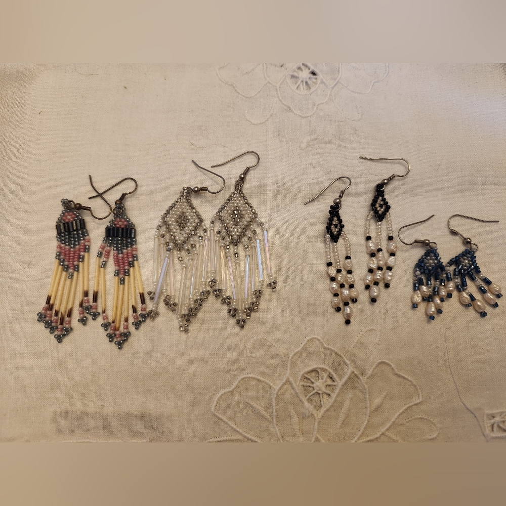 Native American Seed Bead Earrings, Bundle of 4, Southwestern Dangle Fringe EUC